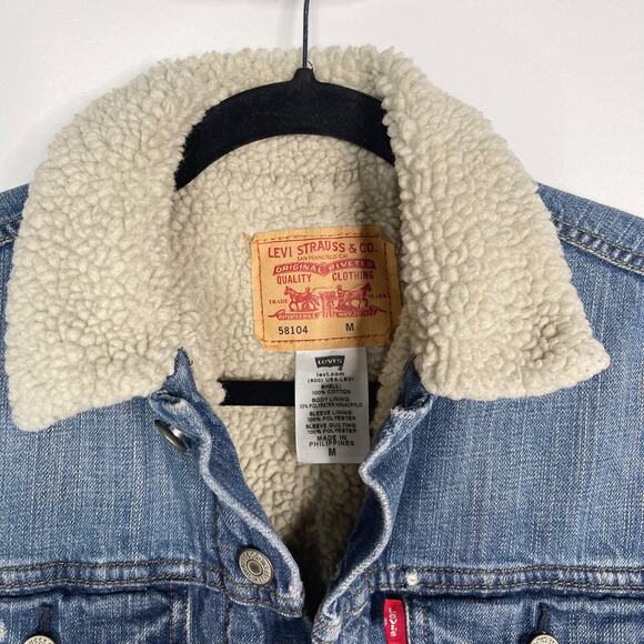 Levis Womens M Blue Sherpa Denim Trucker Jean Jacket Cream Cotton Button Front - Picture 7 of 9